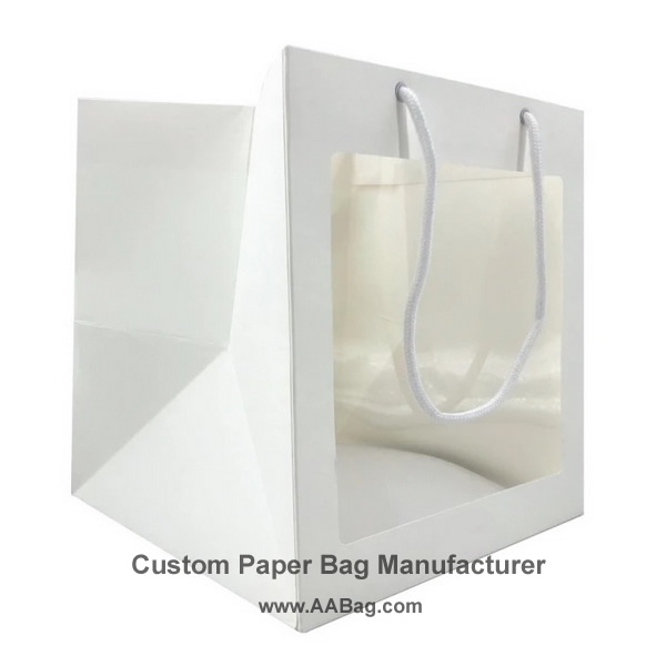 Custom Flowers Gift Packaging White Paper Bags with PVC Clear Windows